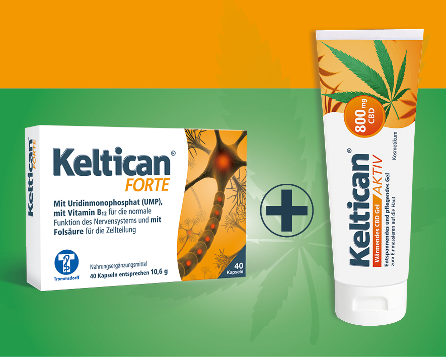 Keltican® forte Kapseln und Keltican® aktiv Wärmendes CBD Gel. Nahrungsergänzungsmittel und Kosmetikum.